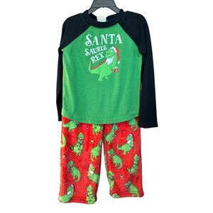 New ~ MUNKI MUNKI ~ Unisex Kids Green Red Santasaurus Rex 2Pc Pajama Set Size 4